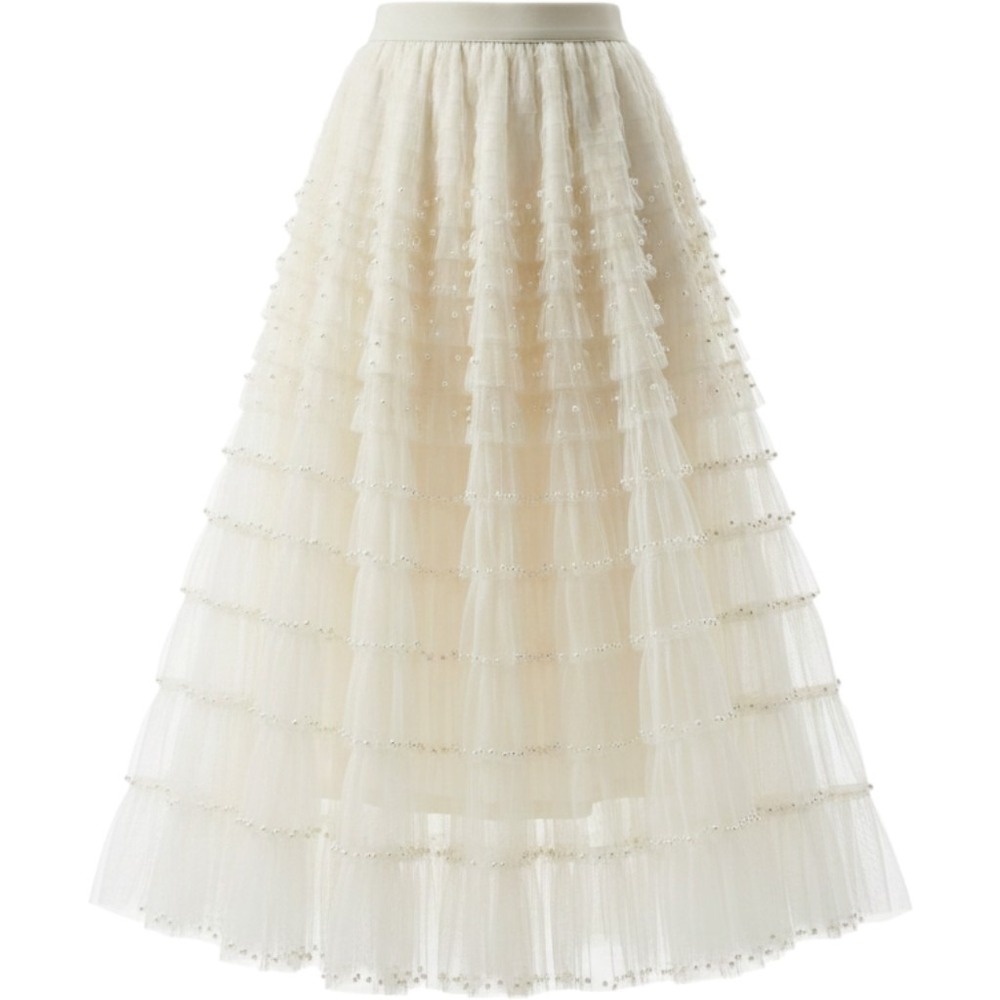 POL Cream Tulle Tiered Skirt Pearl Accents‎ FWS6 Womens Size S/M Boho Romantic